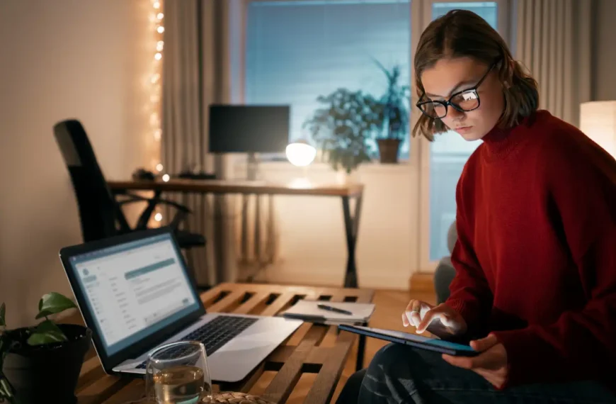Jovem mulher usando tablet e laptop em um ambiente de home office com iluminação aconchegante, ideal para trabalhar de forma eficiente e confortável