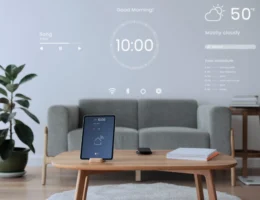 Imagem de uma sala de estar moderna com tecnologia de casa inteligente, incluindo uma tablet controlando dispositivos, um calendário digital e previsão do tempo, demonstrando como automatizar a casa de forma acessível e inteligente.
