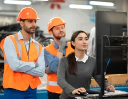 Operadores treinando e capacitando para reduzir falhas humanas no manuseio de máquinas industriais