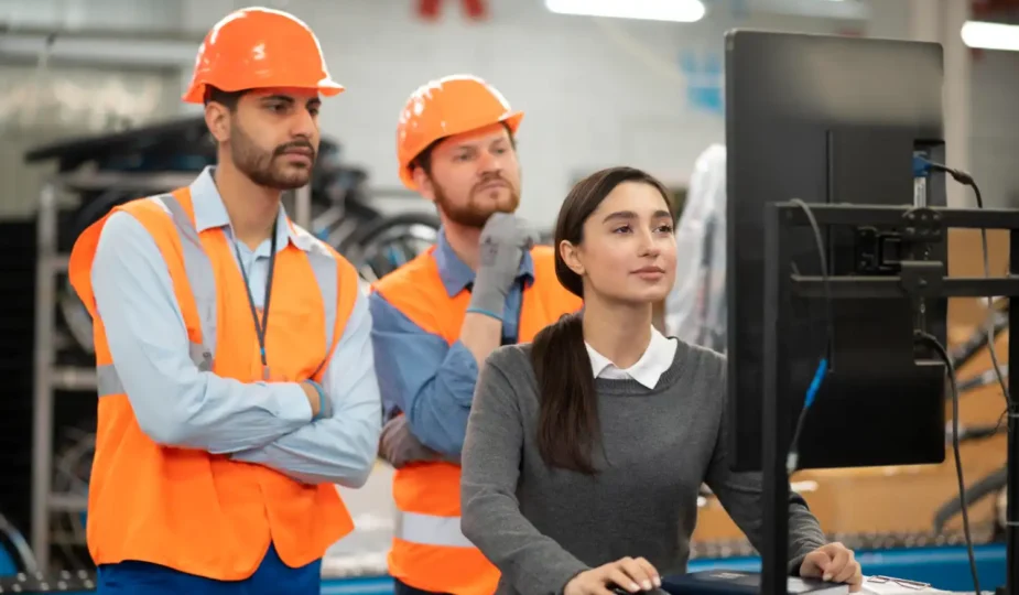 Operadores treinando e capacitando para reduzir falhas humanas no manuseio de máquinas industriais