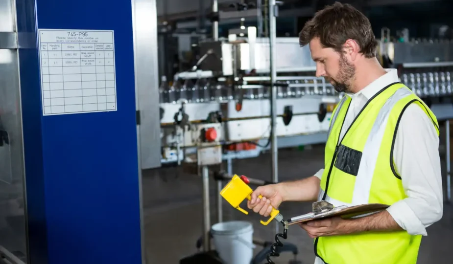 Homem realizando inspeção em máquina industrial em ambiente de fábrica, participando de processos de otimização do layout industrial para melhor uso das máquinas.