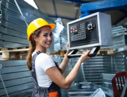 Profissional operando máquina industrial em cenário de manufatura, ilustrando as tendências para os próximos 10 anos nas máquinas industriais e tecnologias de automação.