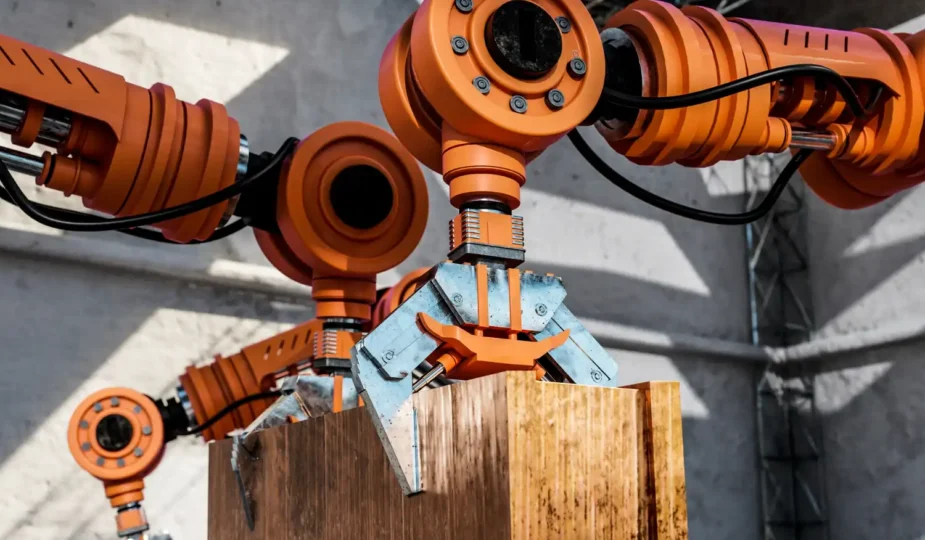 Robô industrial colaborando com operador humano na automação de fábricas, demonstrando a integração entre robôs e operadores no ambiente fabril.