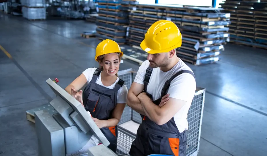Dose de dois operários em um ambiente de fábrica discutindo causas de paradas não programadas na produção, com destaque para segurança e desempenho.