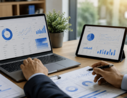 Profissional analisando métricas de desempenho em laptop e tablet, com gráficos e relatórios sobre a mesa, representando estratégias para reduzir a taxa de rejeição, melhorar a experiência do usuário e aumentar os resultados digitais de um site.