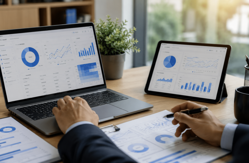 Profissional analisando métricas de desempenho em laptop e tablet, com gráficos e relatórios sobre a mesa, representando estratégias para reduzir a taxa de rejeição, melhorar a experiência do usuário e aumentar os resultados digitais de um site.