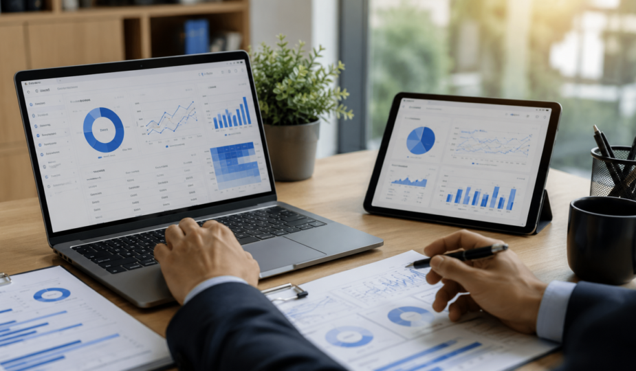 Profissional analisando métricas de desempenho em laptop e tablet, com gráficos e relatórios sobre a mesa, representando estratégias para reduzir a taxa de rejeição, melhorar a experiência do usuário e aumentar os resultados digitais de um site.