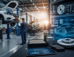 Oficina automotiva moderna com peças de reposição, sistemas digitais e tecnologia avançada de gestão, representando as tendências do mercado de reposição automotiva, inovação logística e transformação digital do setor.