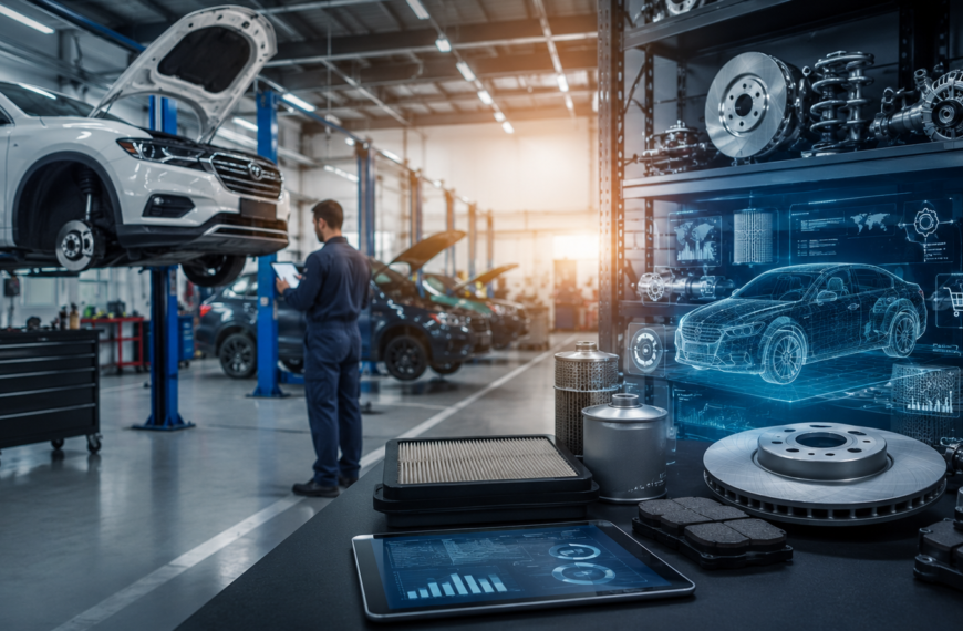 Oficina automotiva moderna com peças de reposição, sistemas digitais e tecnologia avançada de gestão, representando as tendências do mercado de reposição automotiva, inovação logística e transformação digital do setor.