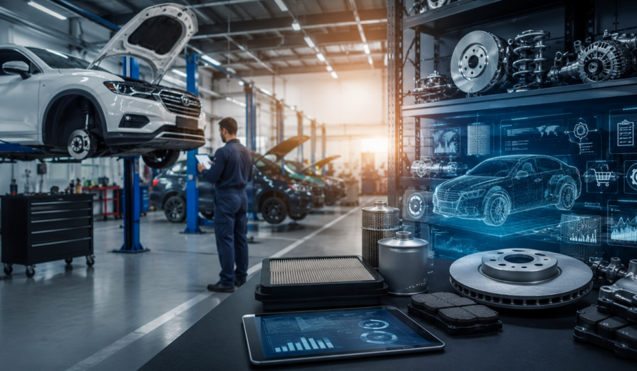 Oficina automotiva moderna com peças de reposição, sistemas digitais e tecnologia avançada de gestão, representando as tendências do mercado de reposição automotiva, inovação logística e transformação digital do setor.
