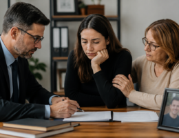 Família reunida com profissional analisando documentos sobre pensão por morte de servidor público, em ambiente acolhedor e realista, representando os primeiros passos para organização dos direitos previdenciários.