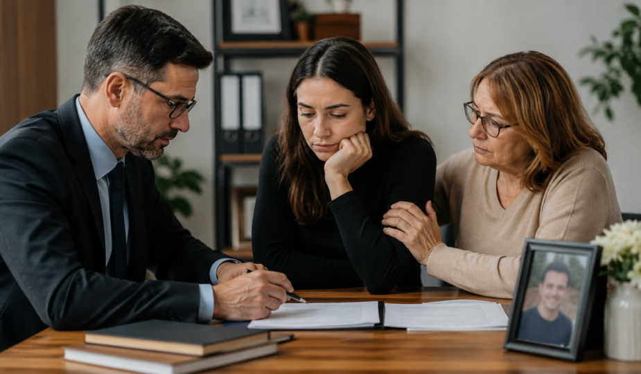 Família reunida com profissional analisando documentos sobre pensão por morte de servidor público, em ambiente acolhedor e realista, representando os primeiros passos para organização dos direitos previdenciários.