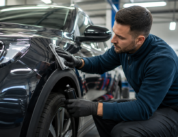 Profissional realizando a conservação da lataria de um carro em oficina automotiva, aplicando produto de proteção na carroceria para preservar a pintura e evitar corrosão e danos futuros.