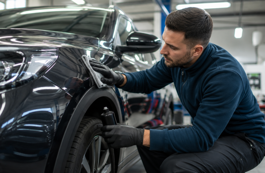 Profissional realizando a conservação da lataria de um carro em oficina automotiva, aplicando produto de proteção na carroceria para preservar a pintura e evitar corrosão e danos futuros.