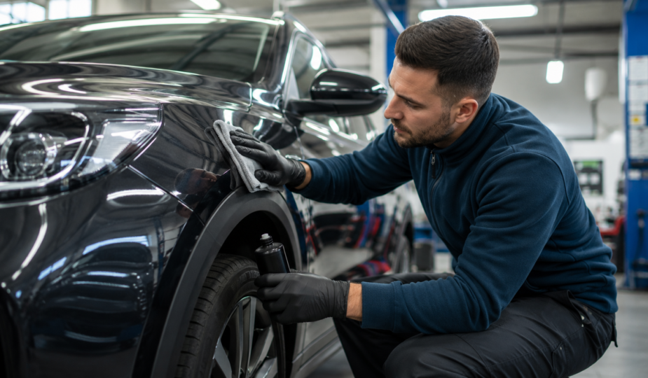 Profissional realizando a conservação da lataria de um carro em oficina automotiva, aplicando produto de proteção na carroceria para preservar a pintura e evitar corrosão e danos futuros.